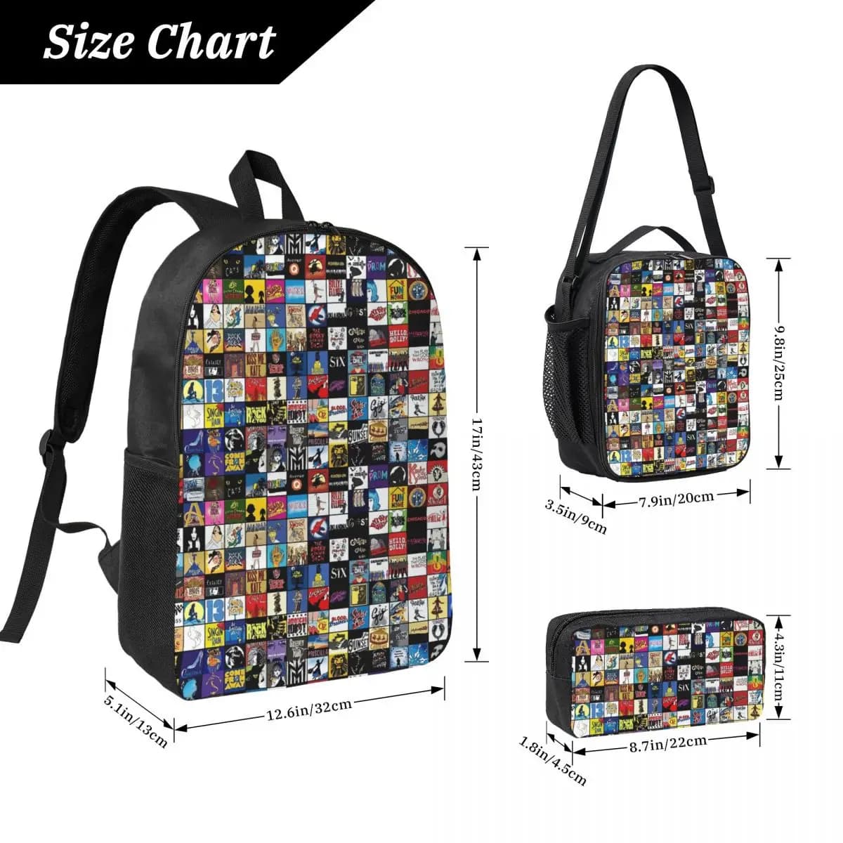 Broadway Teatro musicale Loghi Zaino disegnato a mano Studente Ragazzi Ragazze BookBag Borsa da scuola Borsa da pranzo isolata 3ps Astuccio
