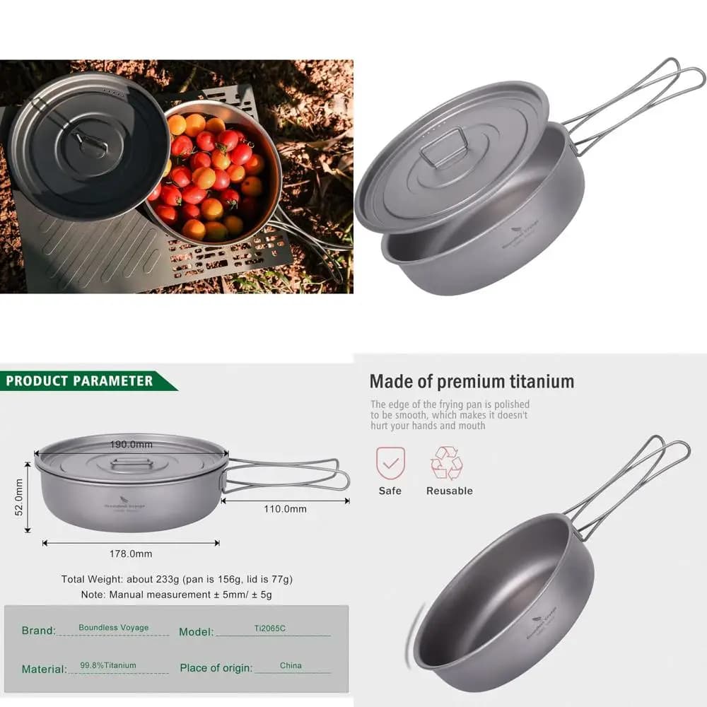 Padella Ultraleggera in Titanio con Coperchio e Manici Pieghevoli, Ideale per Campeggio, Escursionismo e Attrezzatura da Cucina per Backpacking