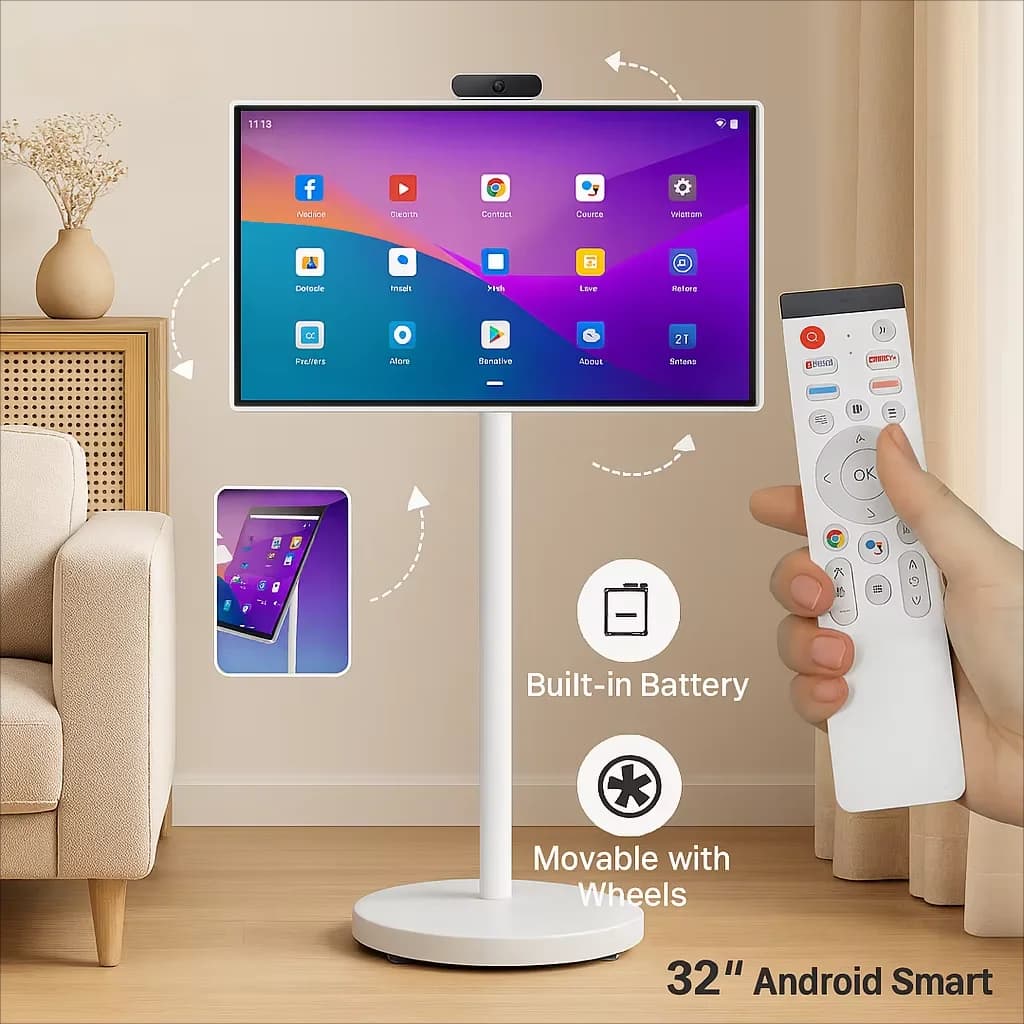 TV con supporto da pavimento Android 15 da 32", schermo intelligente 6G+128G con telecomando, videollamada con telecamera 2K, ingresso alimentazione a batteria 148WH