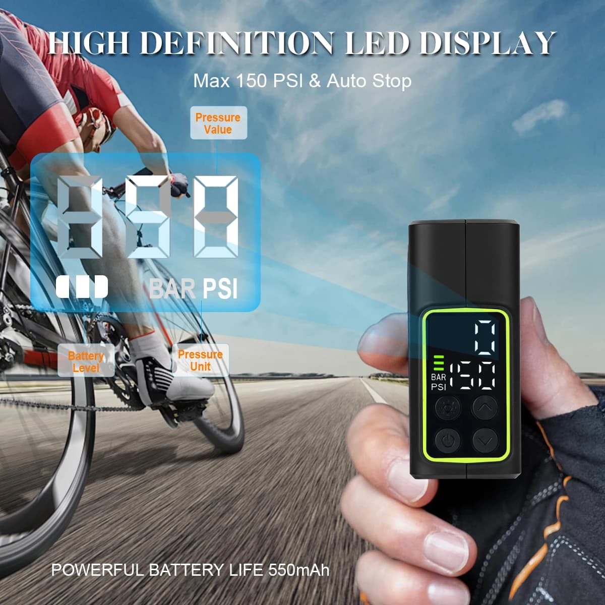 Pompa Elettrica Portatile per Biciclette, Gonfiatore Mini per Pneumatici 150 PSI ad Alta Pressione con Manometro Digitale per Bici da Strada e Mountain Bike