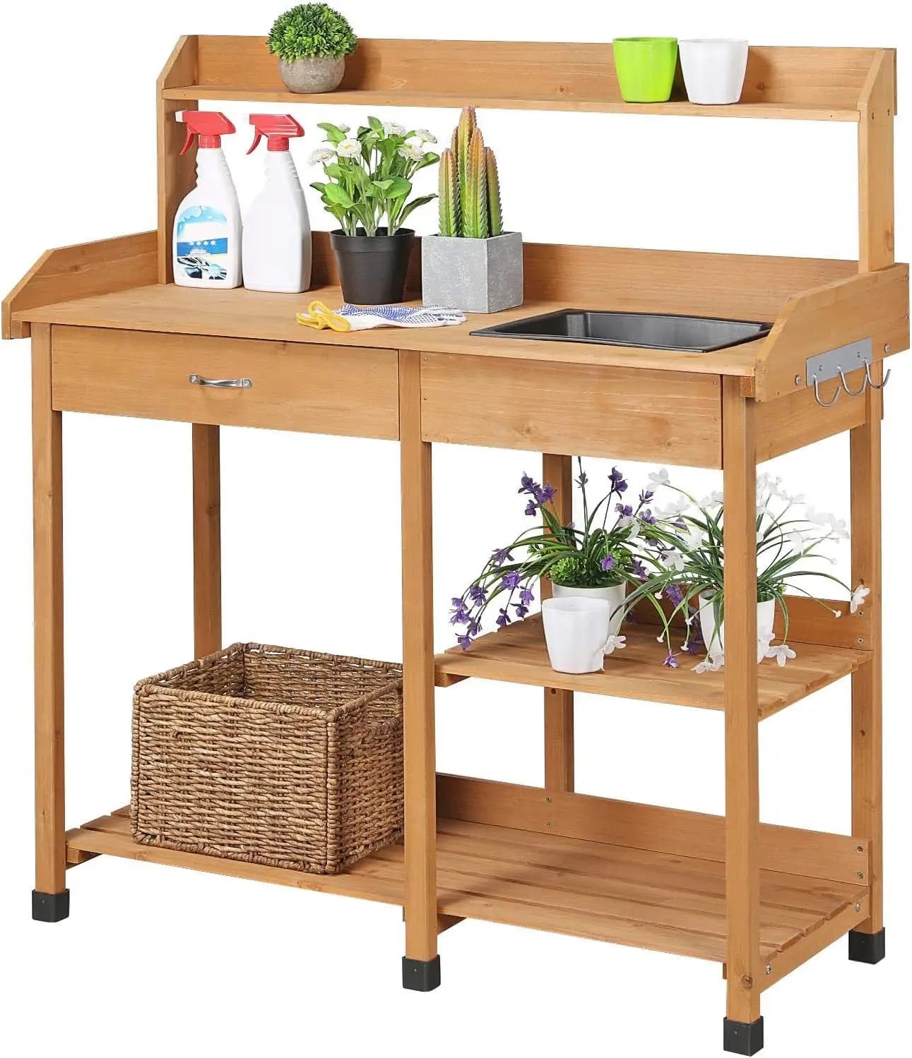 Potting Bench with Sink & Drawer, Outdoor Gardening Table, Wood | Fir wood planting table with 132 lb weight capacity, basin, storage drawer, shelves and hooks keeps pots and tools organized.
