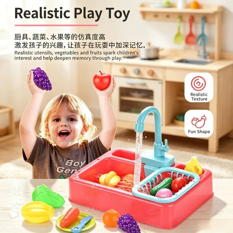 Kitchen Toy Plastic Dish‑Wash Sink Set, Children Simulation Pretend Role‑Play Housework Kit Early Educational Toy for Kids