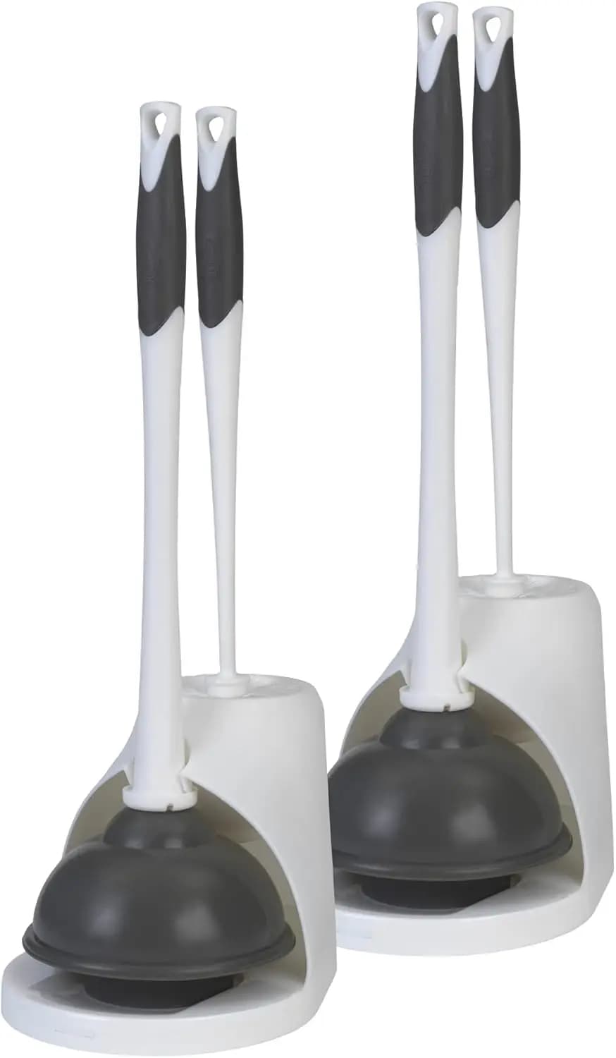 Set combinato di sturalavandini e spazzola per WC con supporto, 6,75' x 7' x 19,5', Bianco/Grigio, Confezione da 2