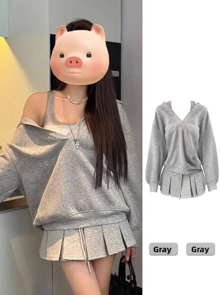 Early Autumn Casual Sporty Outfit Vest Hoodie Short Skirt Two-Piece Set Elegant Comfortable Breathable High Waist Elastic