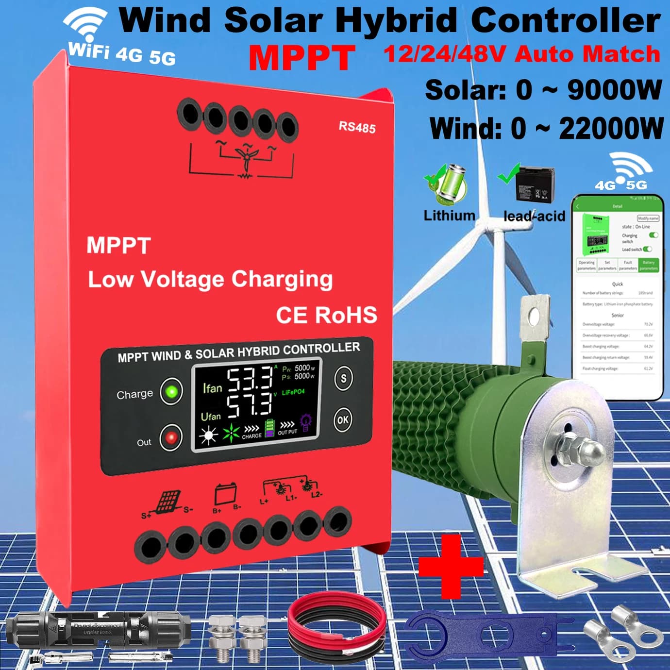 5000w 6kw Wind Turbine 3000W Solar Panel Wind Solar Hybrid System MPPT Charge Controller With Dump Load 12V 24V 48V Regulator