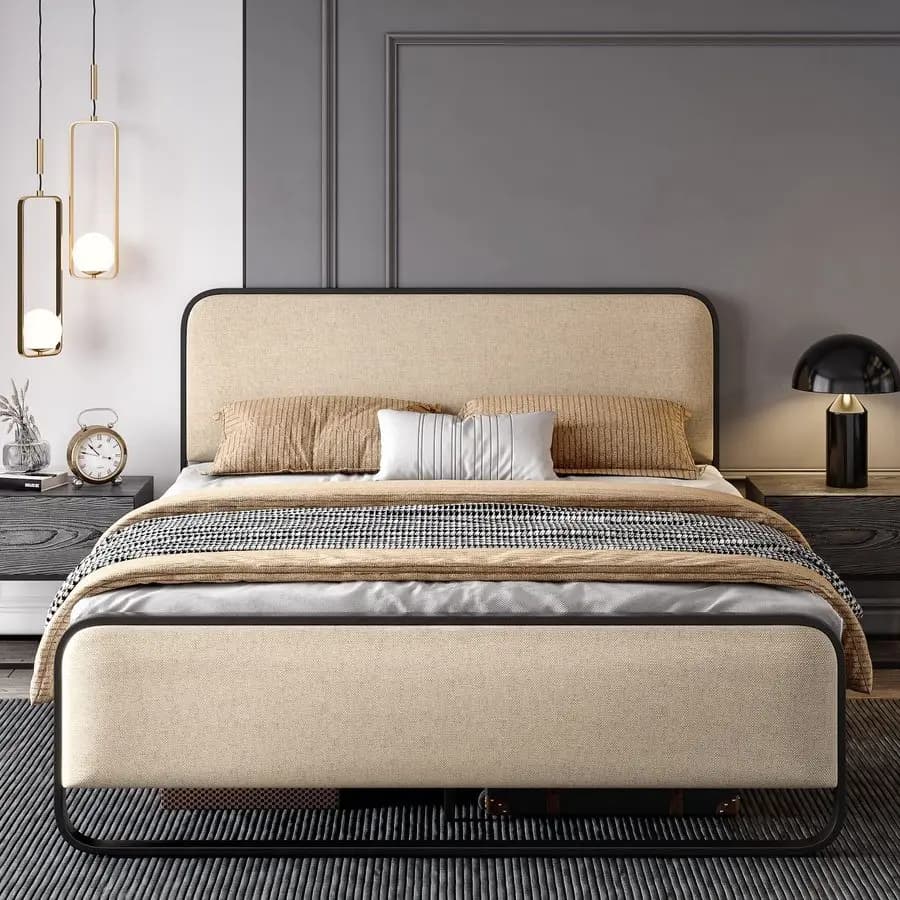 Metal double bed structure with curved headboard and footboard, large storage space under the bed, without need of spring mattress