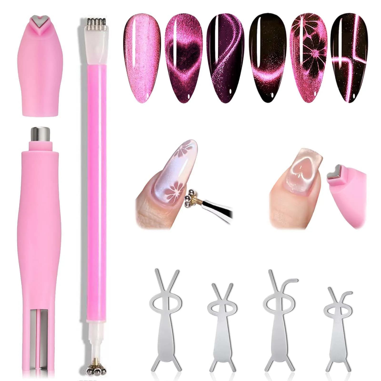 6 pezzi 3 in 1 doppia testa design floreale cuore professionale magnete per occhi di gatto smalto gel penna magnetica guide per conigli strumenti per nail art fai da te