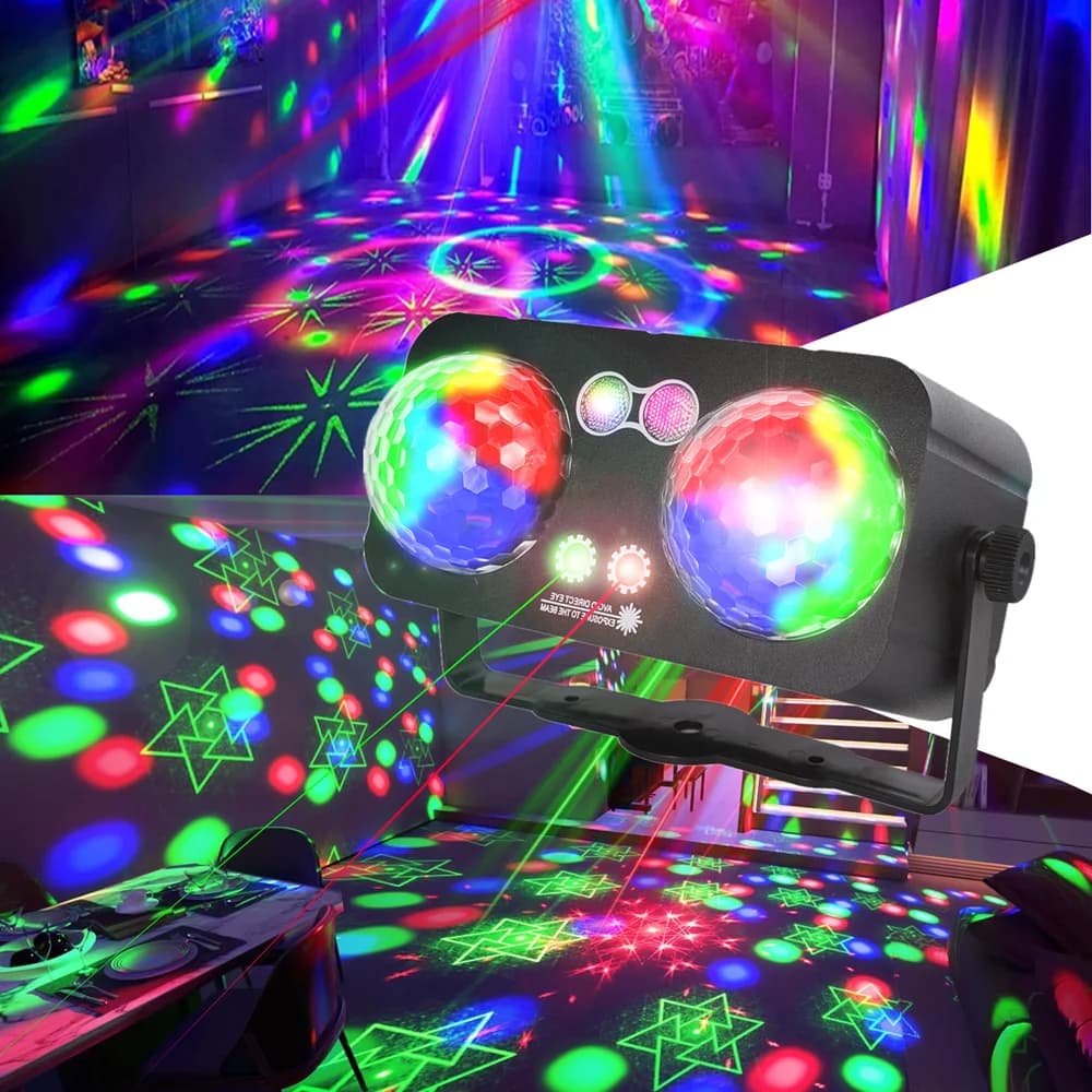 2 luci a sfera da discoteca con proiezione di modelli e controllo del suono, luci laser con telecomando, luci per feste per DJ, luci per proiettori, luci a LED, luci lampeggianti controllate al suono a 6 colori, adatte per stanze interne, palestre da ballo all'aperto, feste, compleanni, carnevale, karaoke domestico, Halloween, Natale, spettacoli di nozze