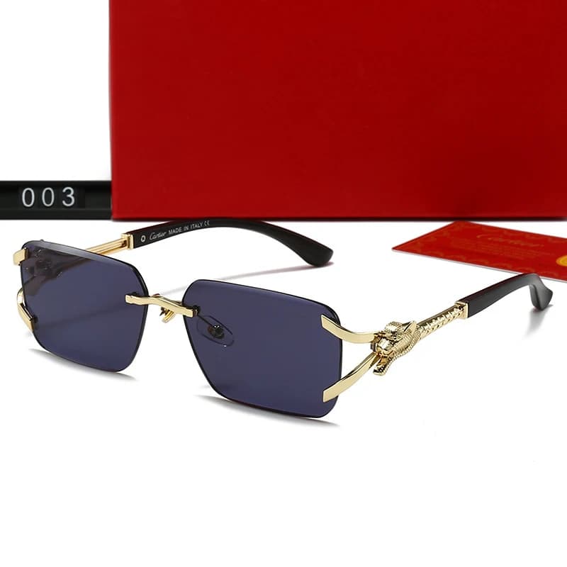 Occhiali da Sole Quadrati Senza Montatura di Lusso Vintage M003 Uomo Donna, Aste Dorate con Motivo Pantera, Lenti Sfumate, Occhiali Designer Senza Telaio Protezione UV400