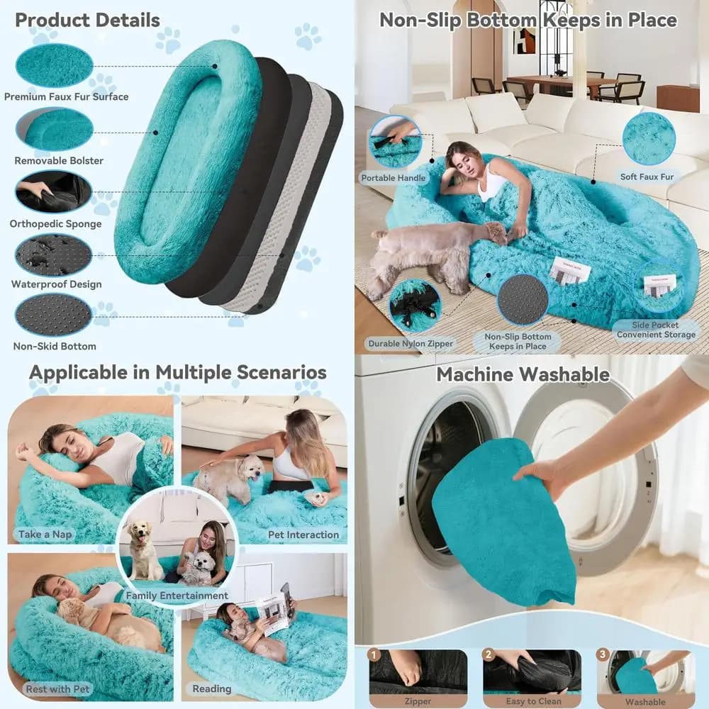 Grande letto per cani ortopedico in pelliccia sintetica con copertura lavabile e maniglia portatile, schiuma per uova, blu