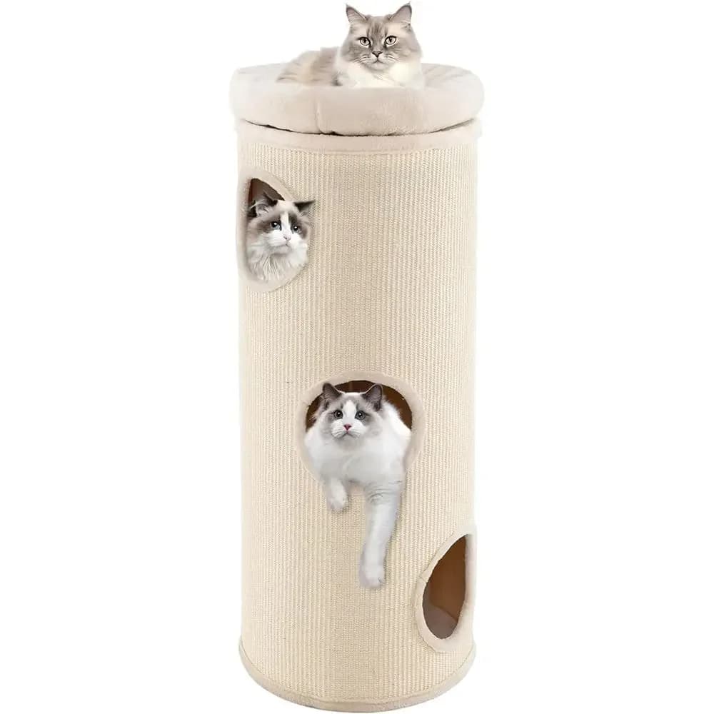 49 Barrel-Shaped Cat Condo with Scratching Board, 3 Hideaways, Removable Top and Plush Bed
