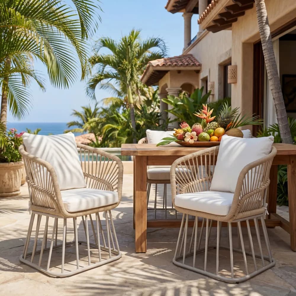 Ye Outdoor Dining Chair MP1 - Teak Finish Wicker, Beige Steel Frame, 300LBS Capacity, with Cushion