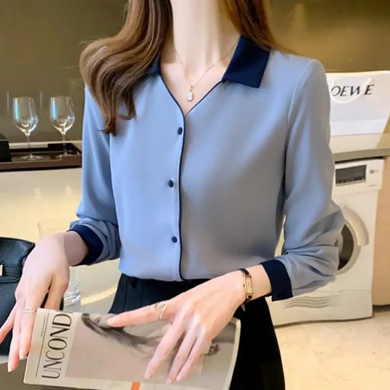 Temperament Women's Chiffon Shirt Spring Autumn Clothing New Long Sleeve Contrast Loose Office Blouse Fashion Korean Clothing