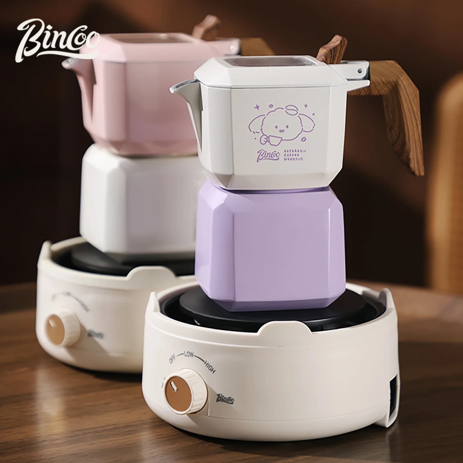 Bincoo Set di pentole Moka a tema animali Sistema a doppia valvola Caffettiera compatta per piano cottura Idea regalo perfetta