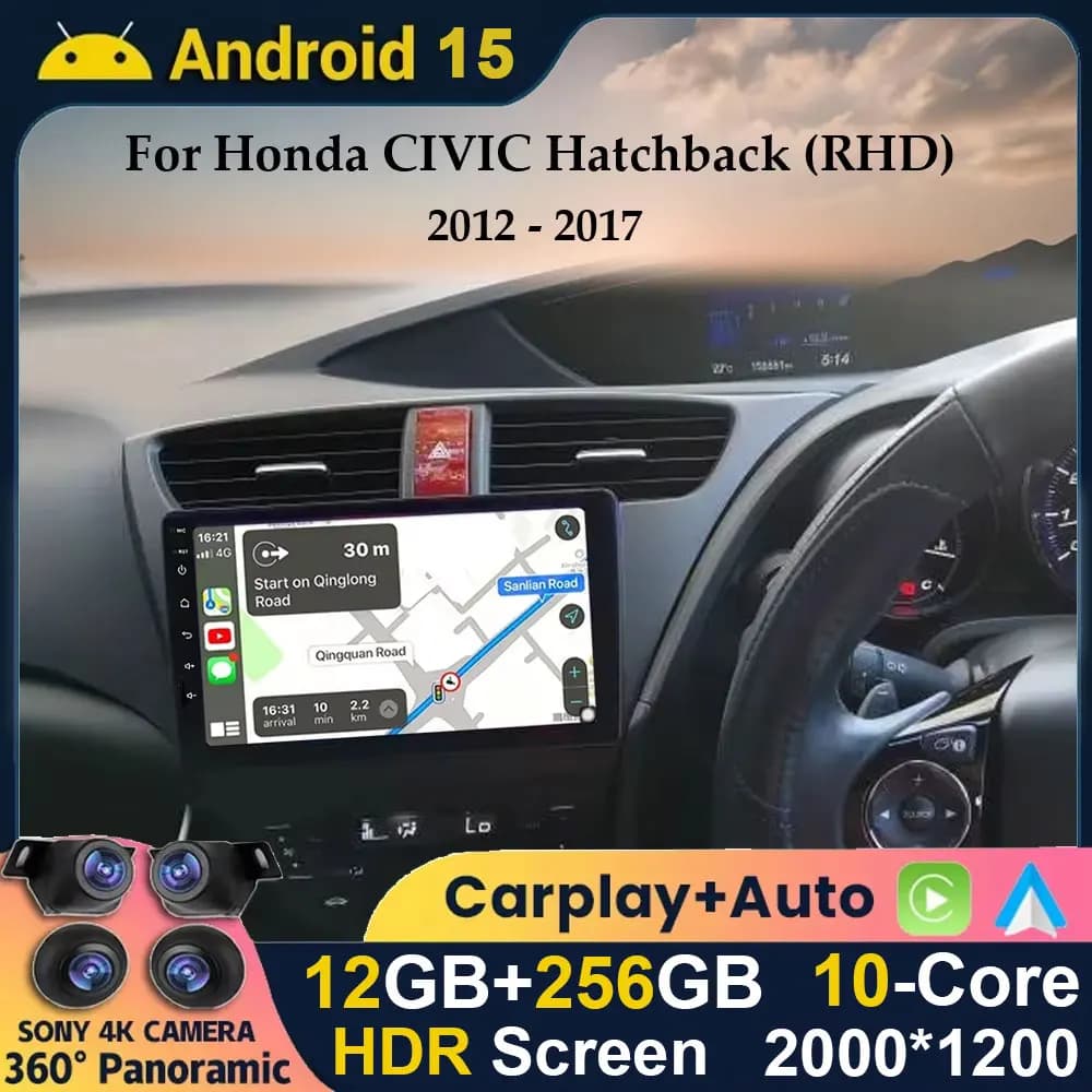 Android 15 Wireless For Honda Civic 9 FK FB 2012 - 2017 RHD LHD Car Radio Carplay+Auto Stereo Multimedia GPS Navi Player 5G WIFI