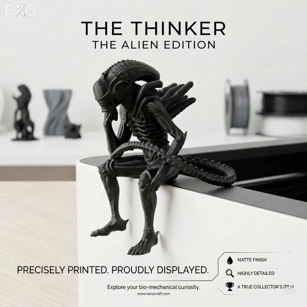 Sitting Contemplative Extraterrestrial Skeletal Figure Sculpture, Desk Decor, Gift for Gamers, Boyfriend Gift Idea, Christmas Gi