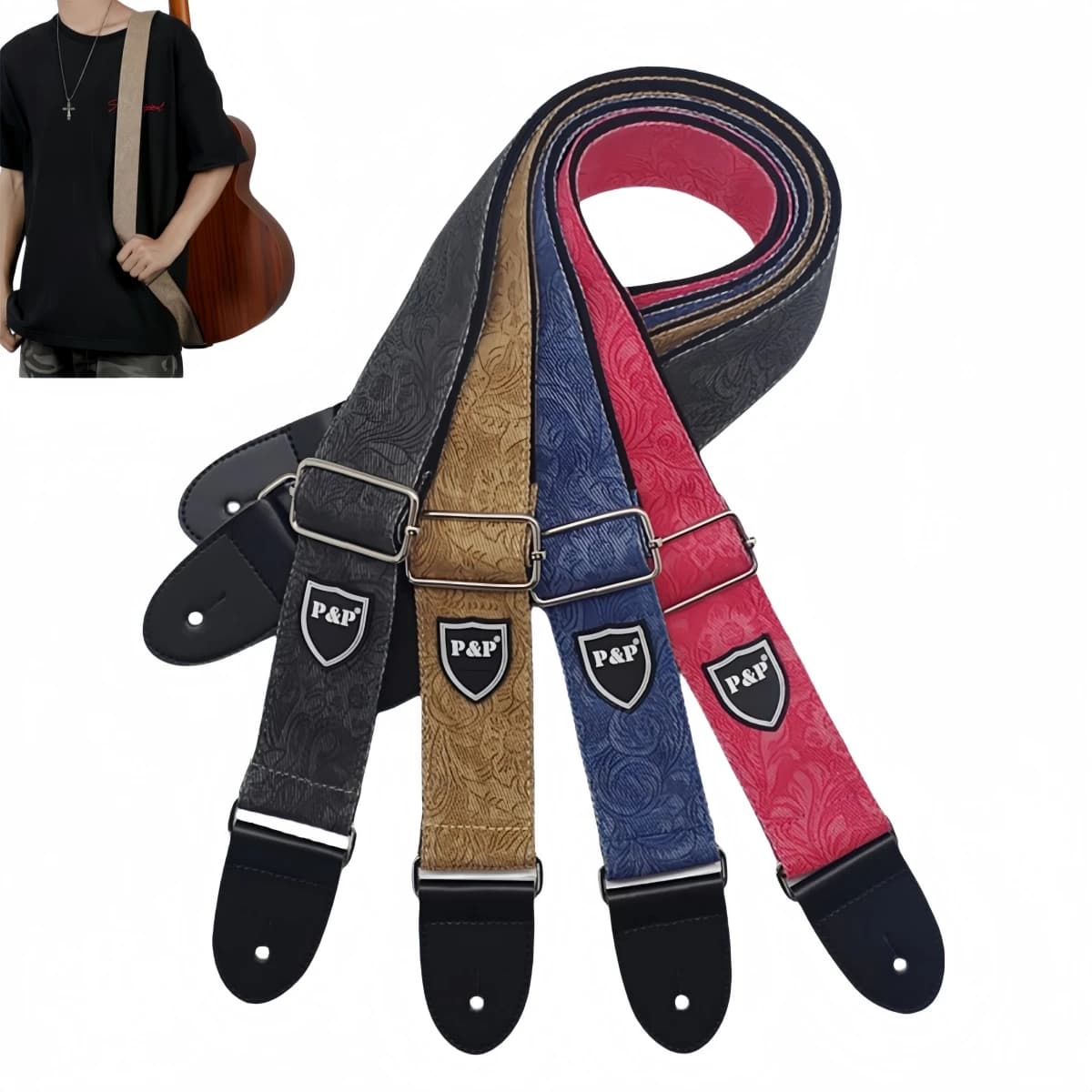 Tracolla per Chitarra in Denim di Cotone P&P, Regolabile e Allargata, Cinghia Rinforzata per Chitarra Elettrica, Basso e Ukulele, Tracolla Comoda