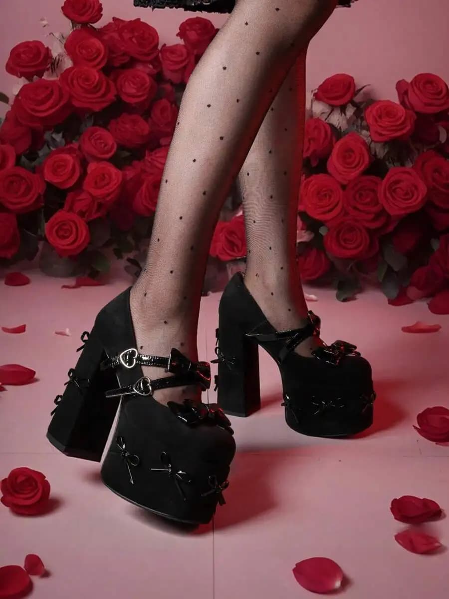 Velvet Platform Chunky Mary Jane Heels With Bow Buckle Retro Party Shoes For Women