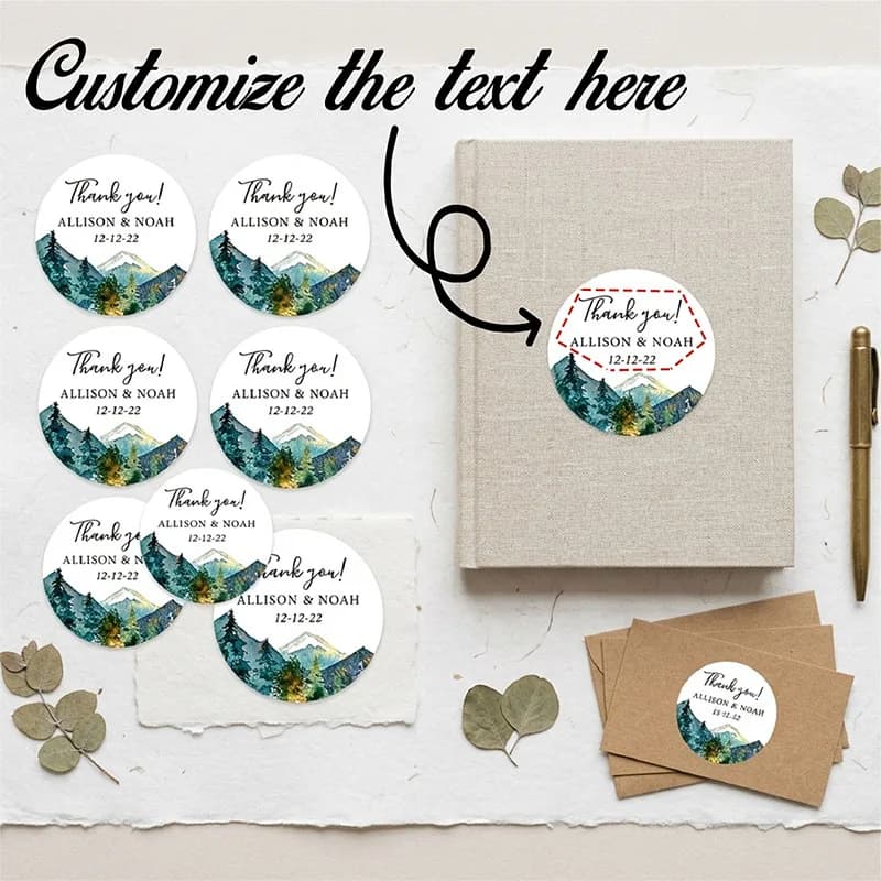 Custom Mountain Logo Round Stickers Personalized Couple Names Date Watercolor Nature Labels Rustic Gift Box Packaging Stickers