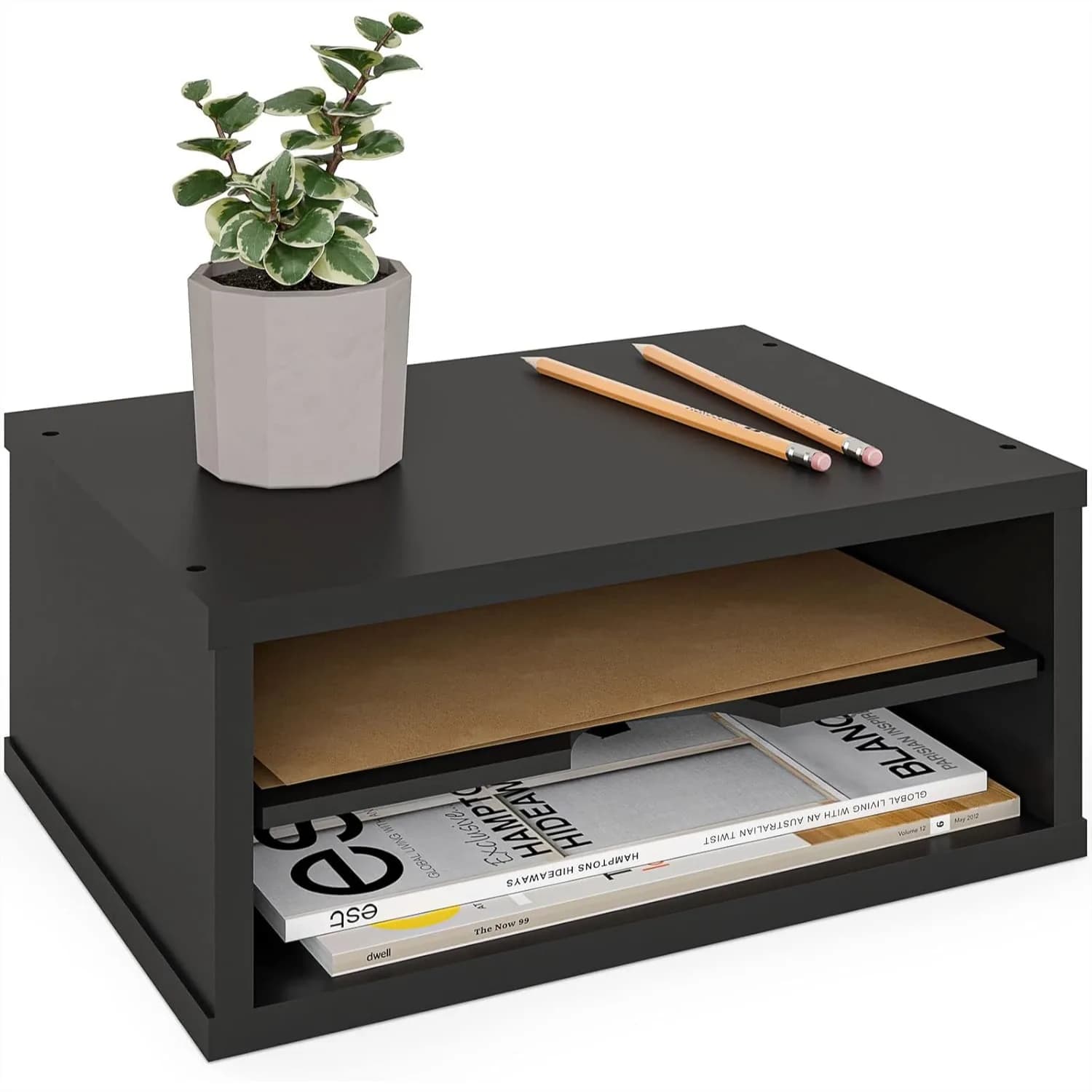 Organizzatore di documenti, classificatore di fogli a 2 livelli, porta documenti impilabile in legno, supporto per monitor