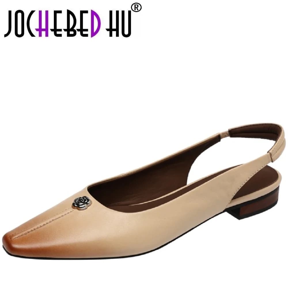 【JOCHEBED HU】Handmade Genuine Leather Soft and comfortable sandals women with low heels summer new style Square shoes 34-40