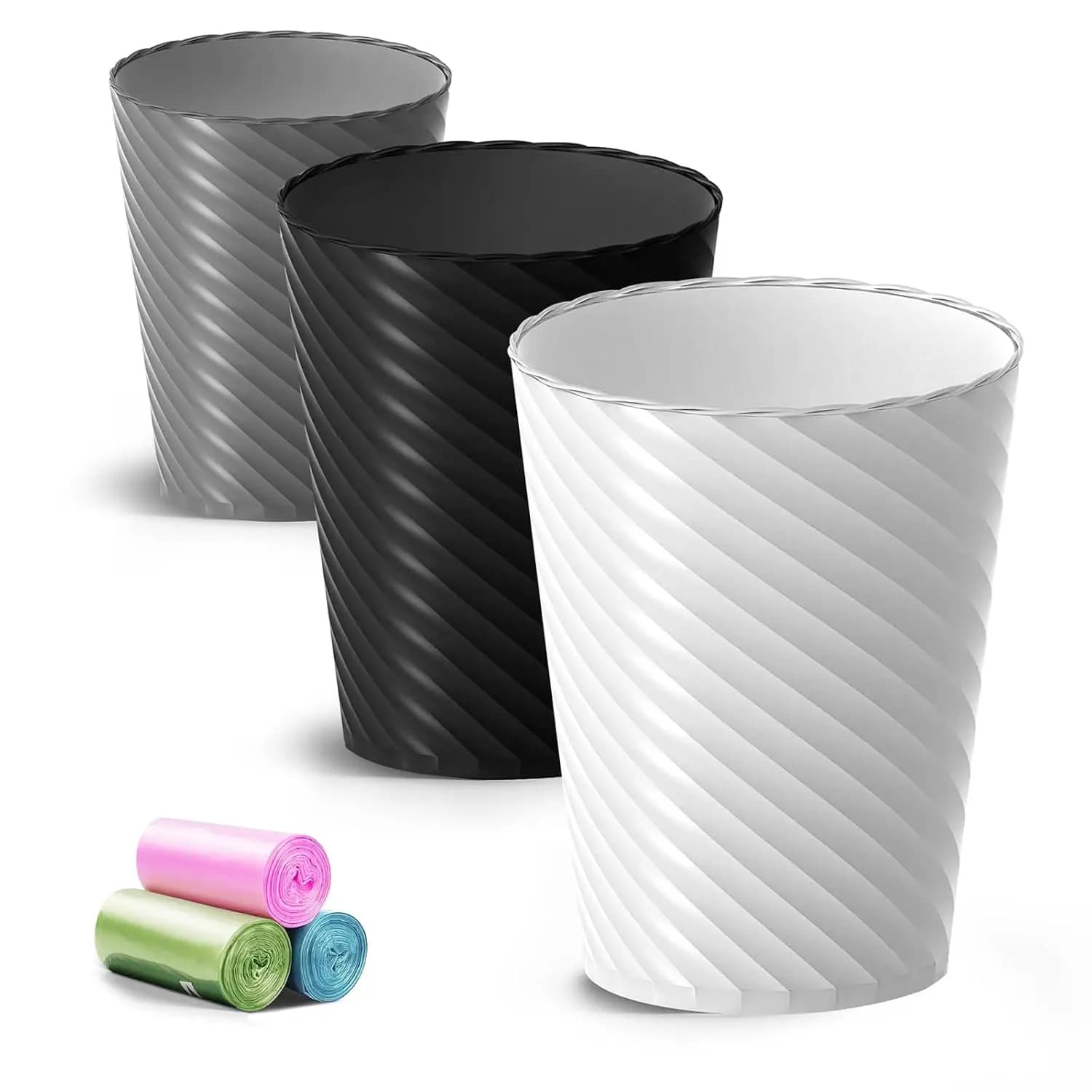 Set di 3 Piccoli Cestini per Rifiuti con Sacchetti, Contenitore Rotondo da 6,8 Litri per Bagno, Camera da Letto, Ufficio (Bianco Nero Grigio)