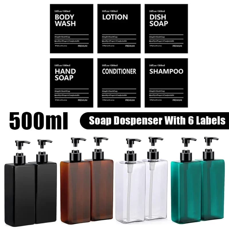 2PCS 500ml Dispenser di sapone quadrato ricaricabile Bagno Pompa a mano Bottiglia Shampoo liquido Contenitore per il lavaggio del corpo con etichette impermeabili