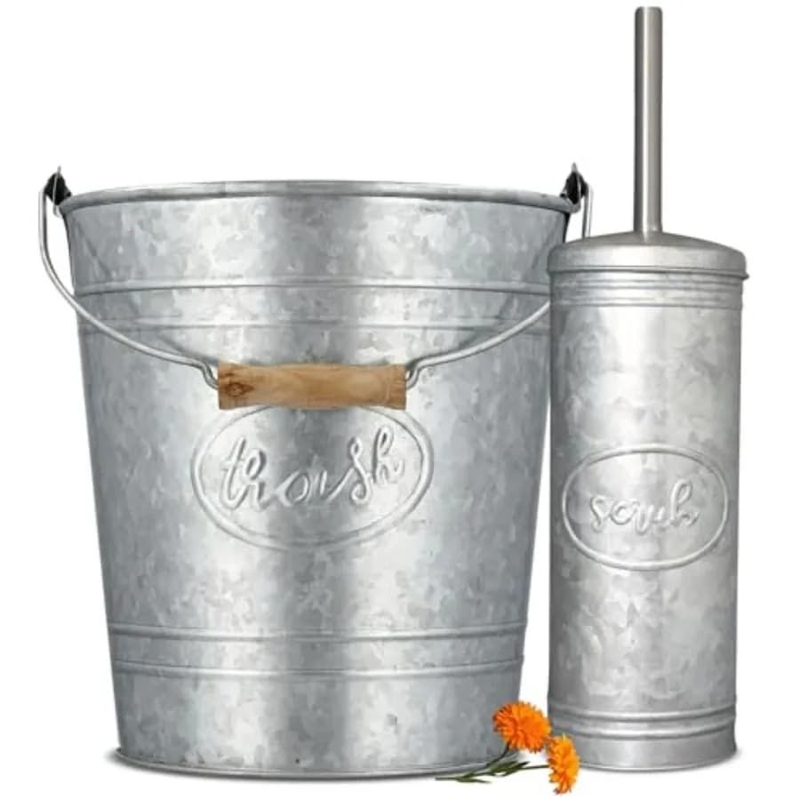 Set di Cestino per Rifiuti e Porta Scopino per WC in Stile Rustico - Cestino per Bagno Galvanizzato con Scopino Abbinato, Stile Rustico