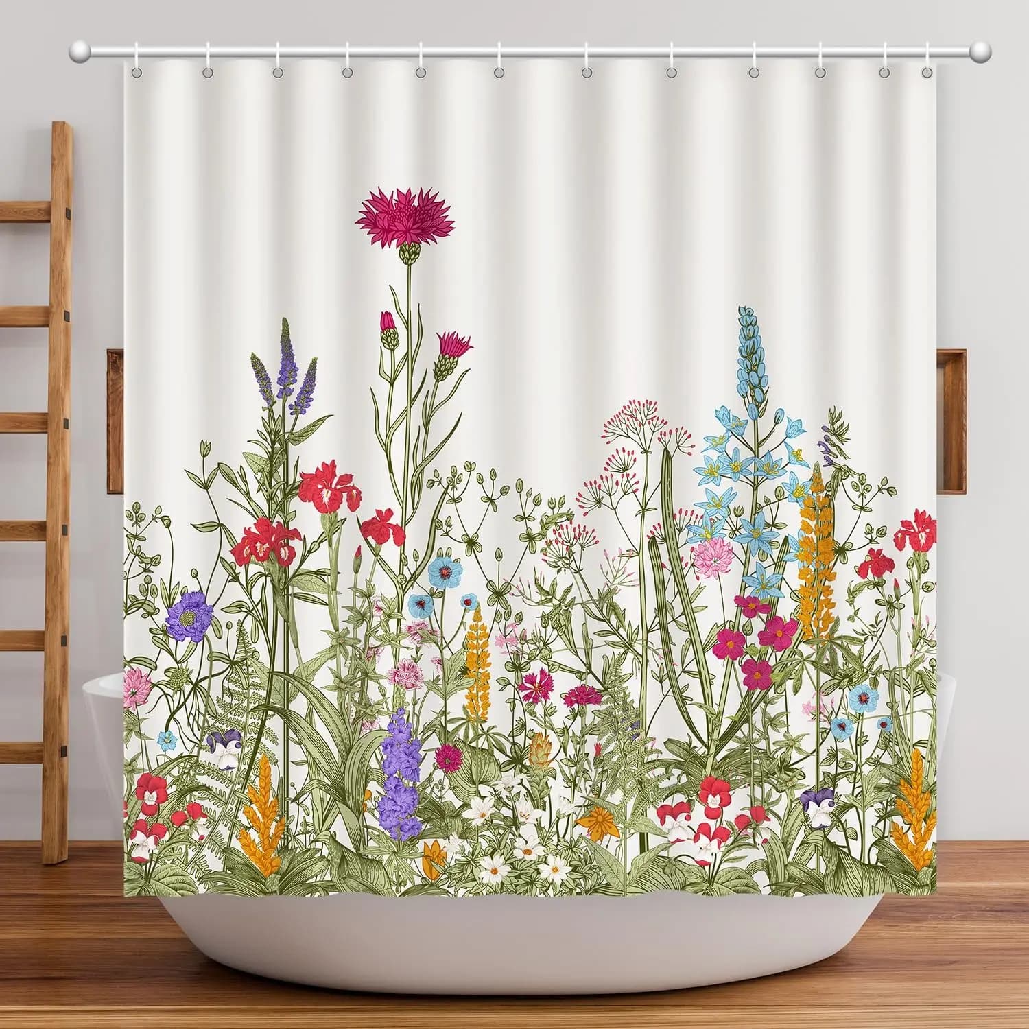 Tenda da doccia floreale primaverile – Fiori selvatici e erbe verde salvia, decorazione botanica per il bagno in stile rustico 71x71 pollici
