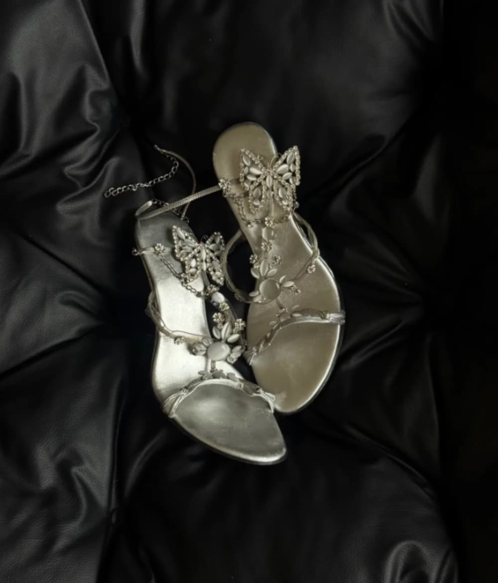 Metallic Silver Open Toe Stiletto Sandals Rhinestone Butterfly Embellishments Thin T-Strap Ankle Buckle Elegant Style Heels