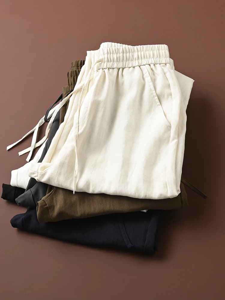 Pantaloni Lunghi da Uomo in Misto Cotone e Lino, Estivi e Primaverili, Sottili, con Elastico in Vita, Casual, Gamba Dritta, Traspiranti e Assorbenti