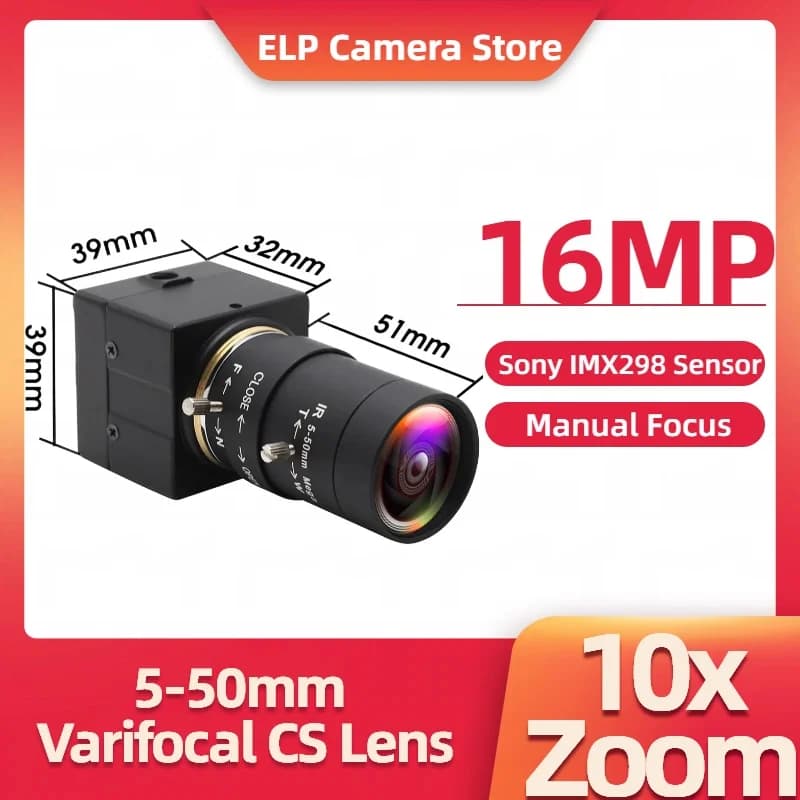 IMX298 CMOS 16MP Driverless USB Webcam with Zoom 10X 5-50mm lens for Industrial Inspection and Artificial Vision