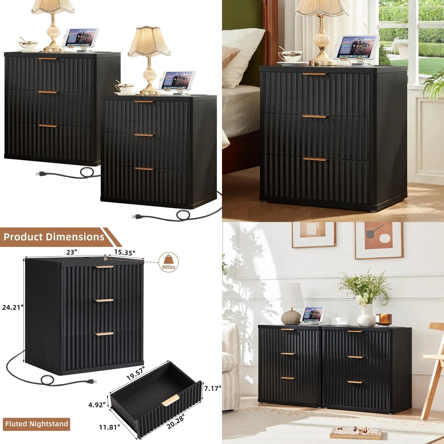 Comodino Scanalato da 23 Pollici con 2 Stazioni di Ricarica, 3 Cassetti, Maniglia in Metallo, Tavolino da Camera da Letto, Cassettiera in Legno, Personalizzabile
