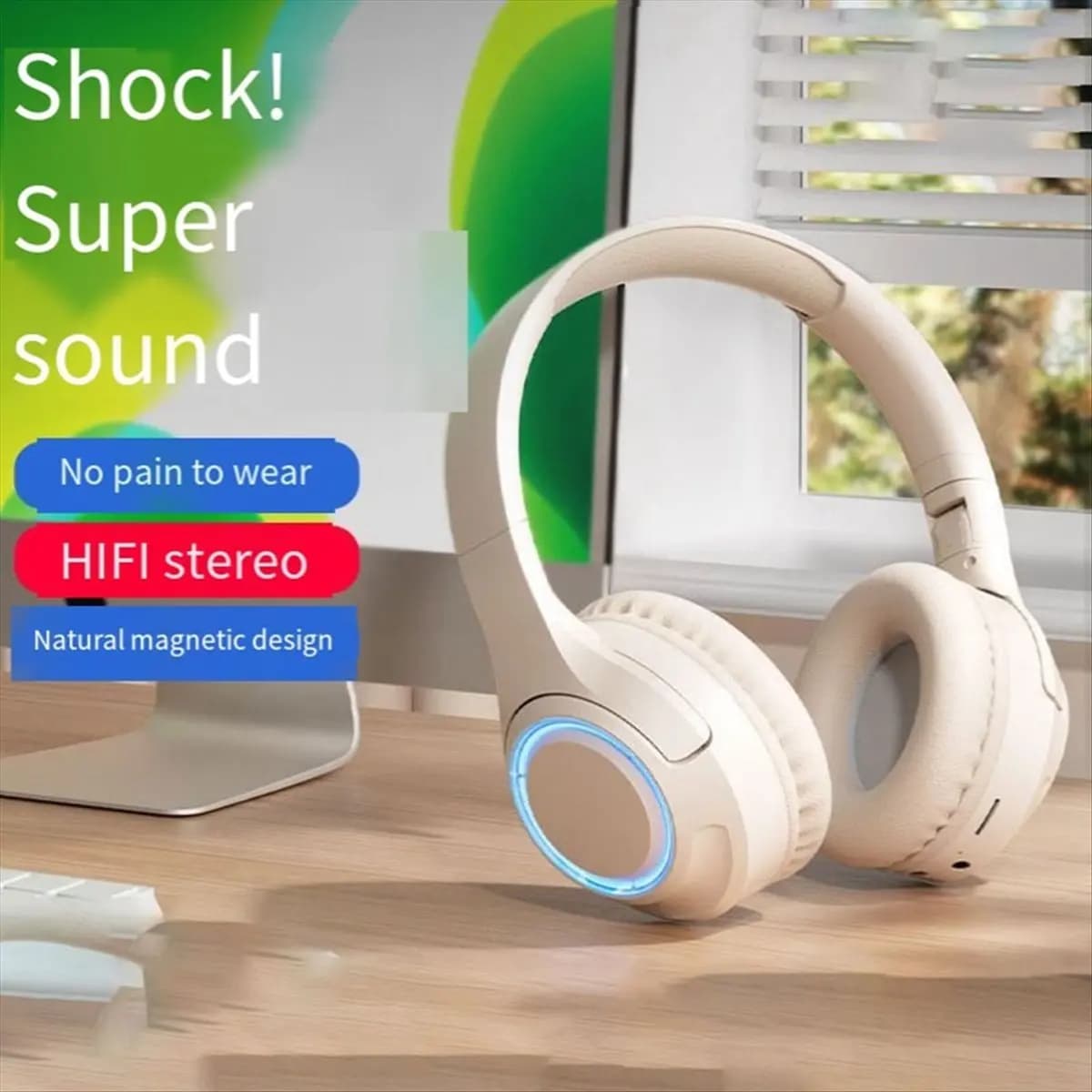 T80C! Cuffie LED Bluetooth Wireless, Auricolari Bassi HIFI per Sport e Gaming, Supporto Scheda TF, Portatili - B