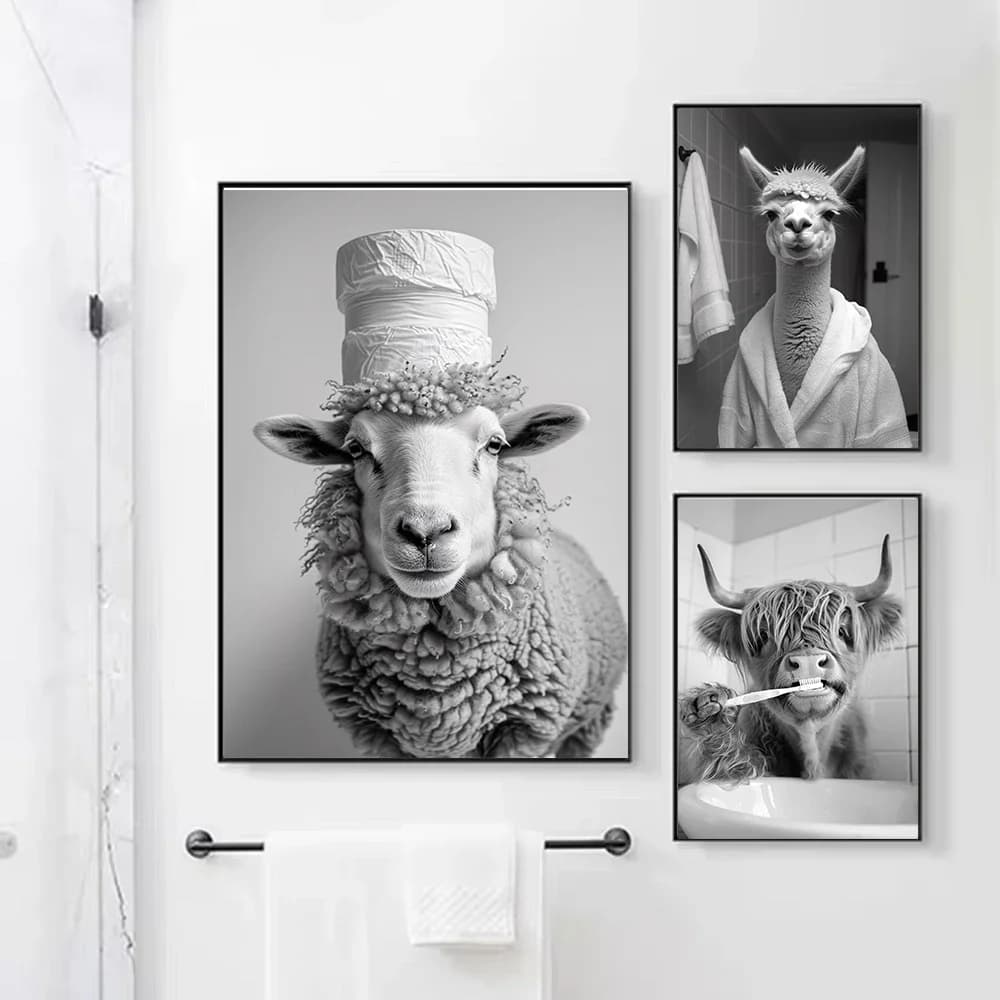 Decorazione da parete su tela Pittura in bianco e nero Animali divertenti Spazzolatura dei denti Decorazione da parete per bagno WC Carta igienica murale