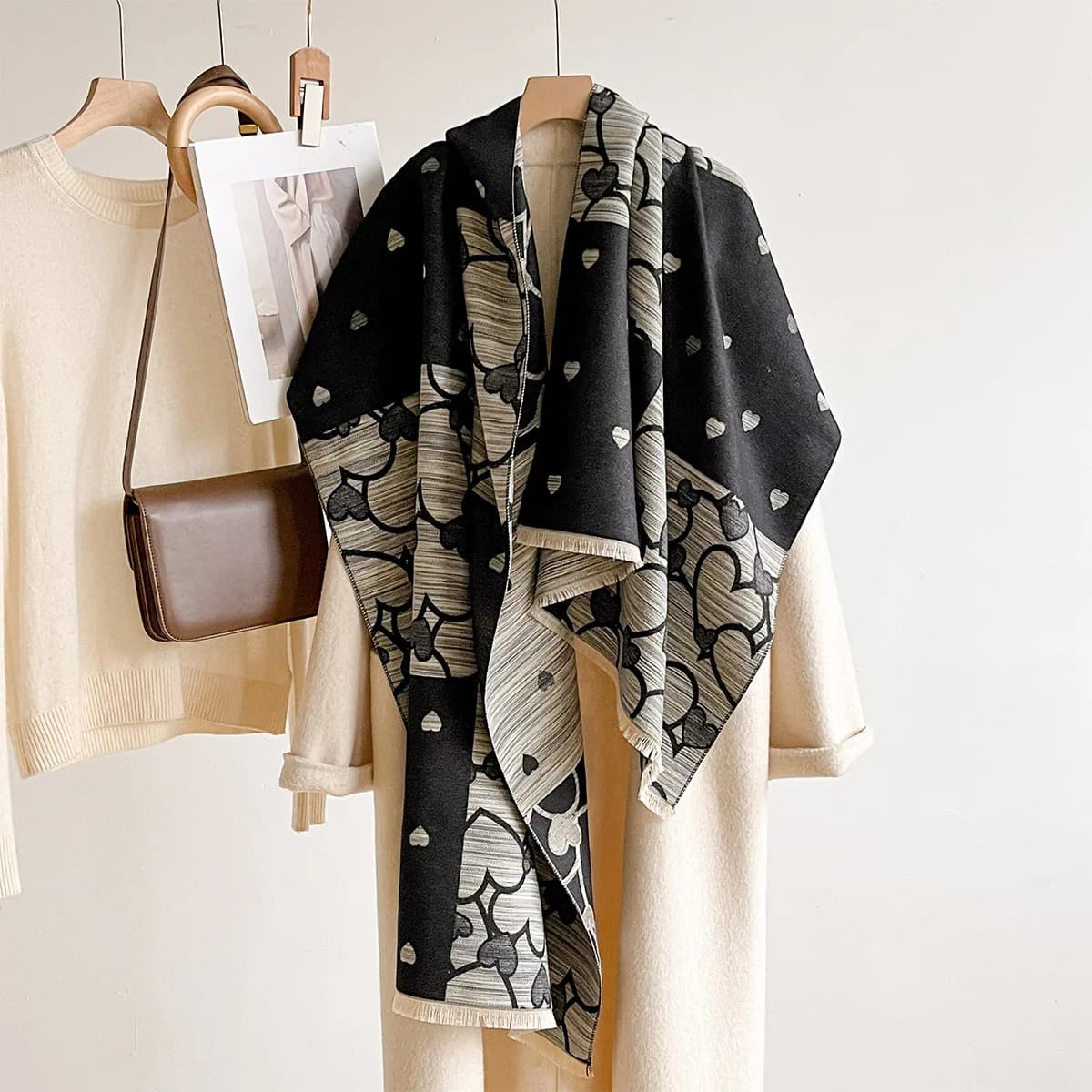 Women Imitation Cashmere Scarf Fringed Thick Warm Shawl Reversible Winter Print Scarf Pashmina Autumn Large Blanket Wrap