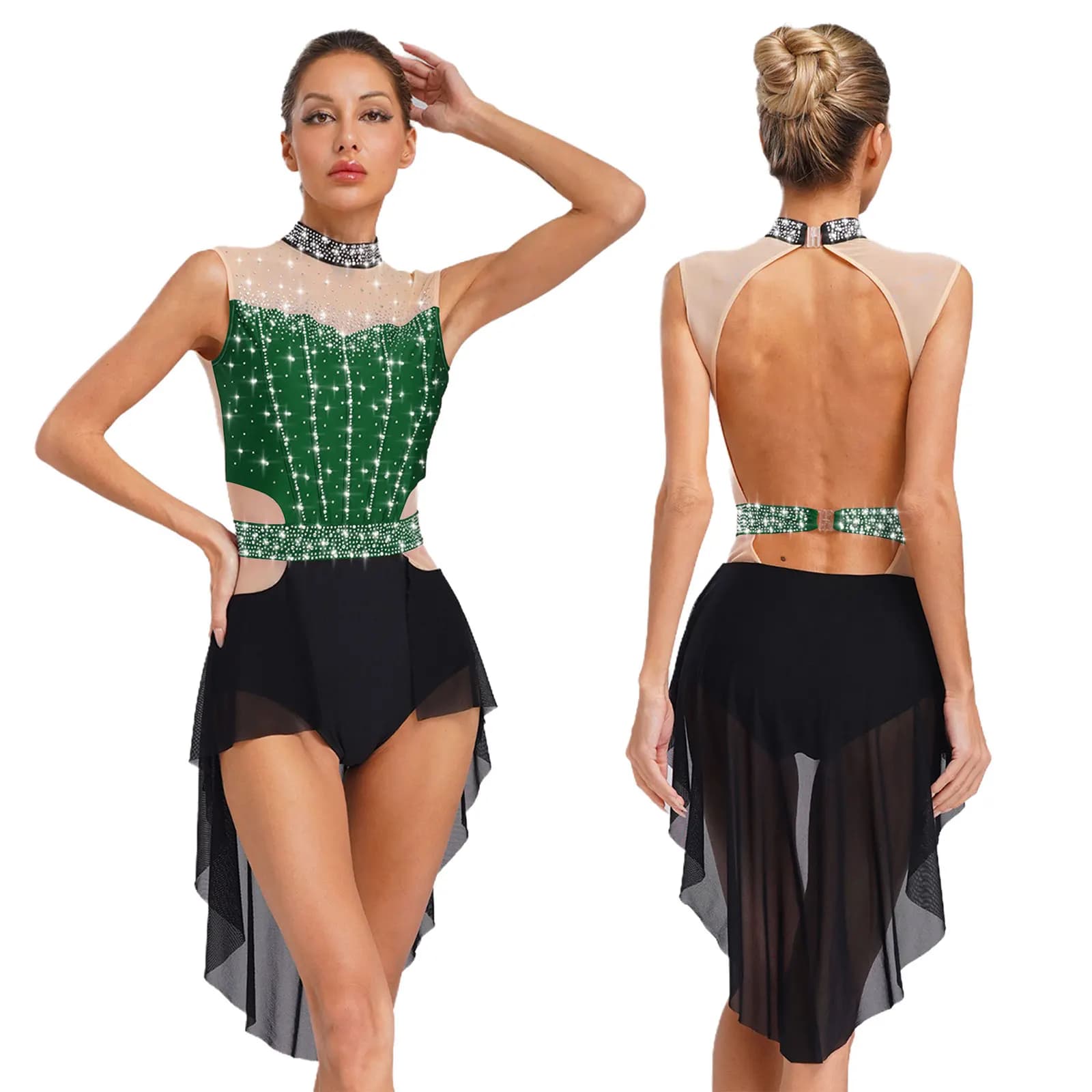 Abito da ballo lirico per balletto da donna, pattinaggio di figura, ginnastica, allenamento, abbigliamento da ballo, senza maniche, senza schienale, con strass, body con gonna