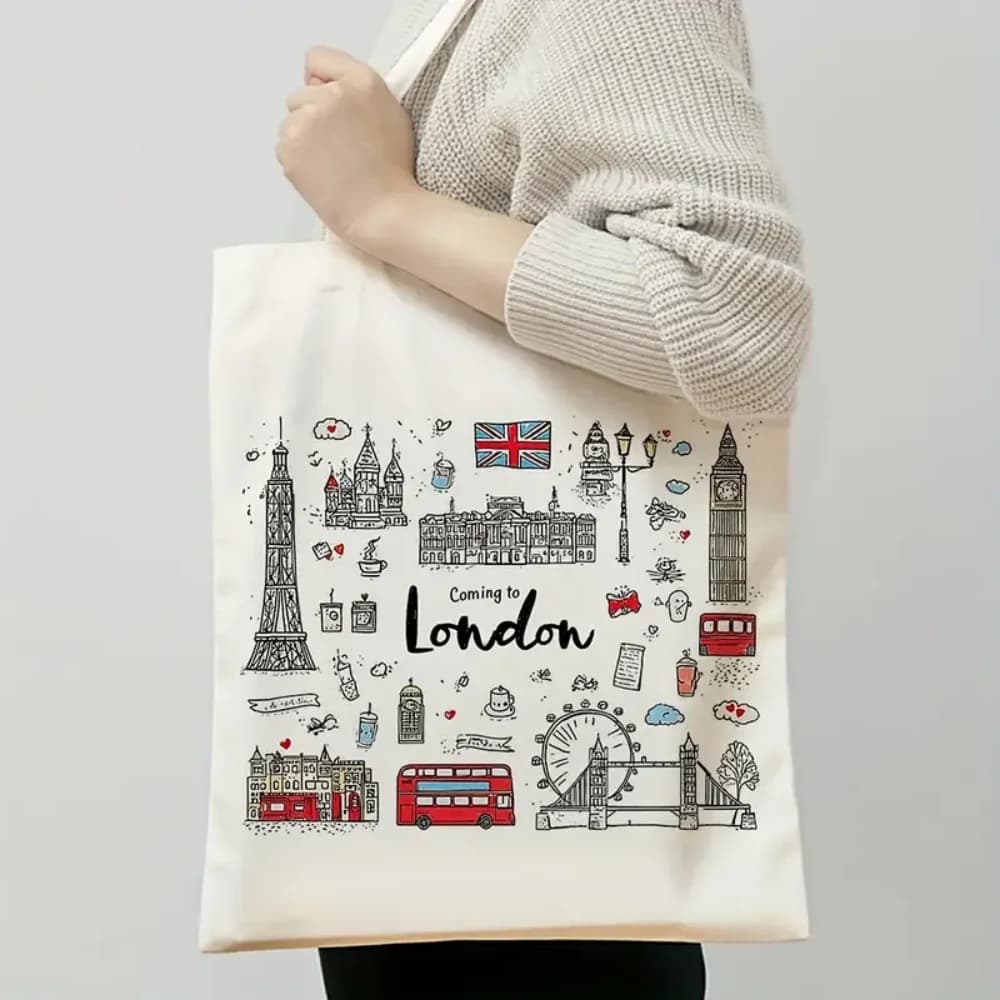 London Landmark Bus Phone Booth Doodle Printed Canvas Tote Bag Handbag For Daily Commute Shopping And Short Travel Use