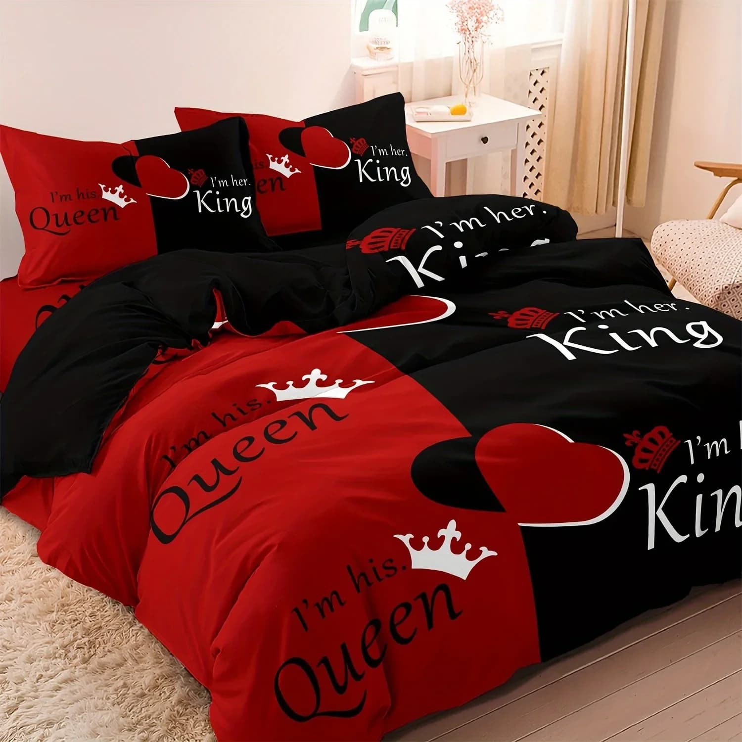 Stylish Red & Black Crown Bedding Set - Soft Breathable Duvet Cover for Queen & King Sizes