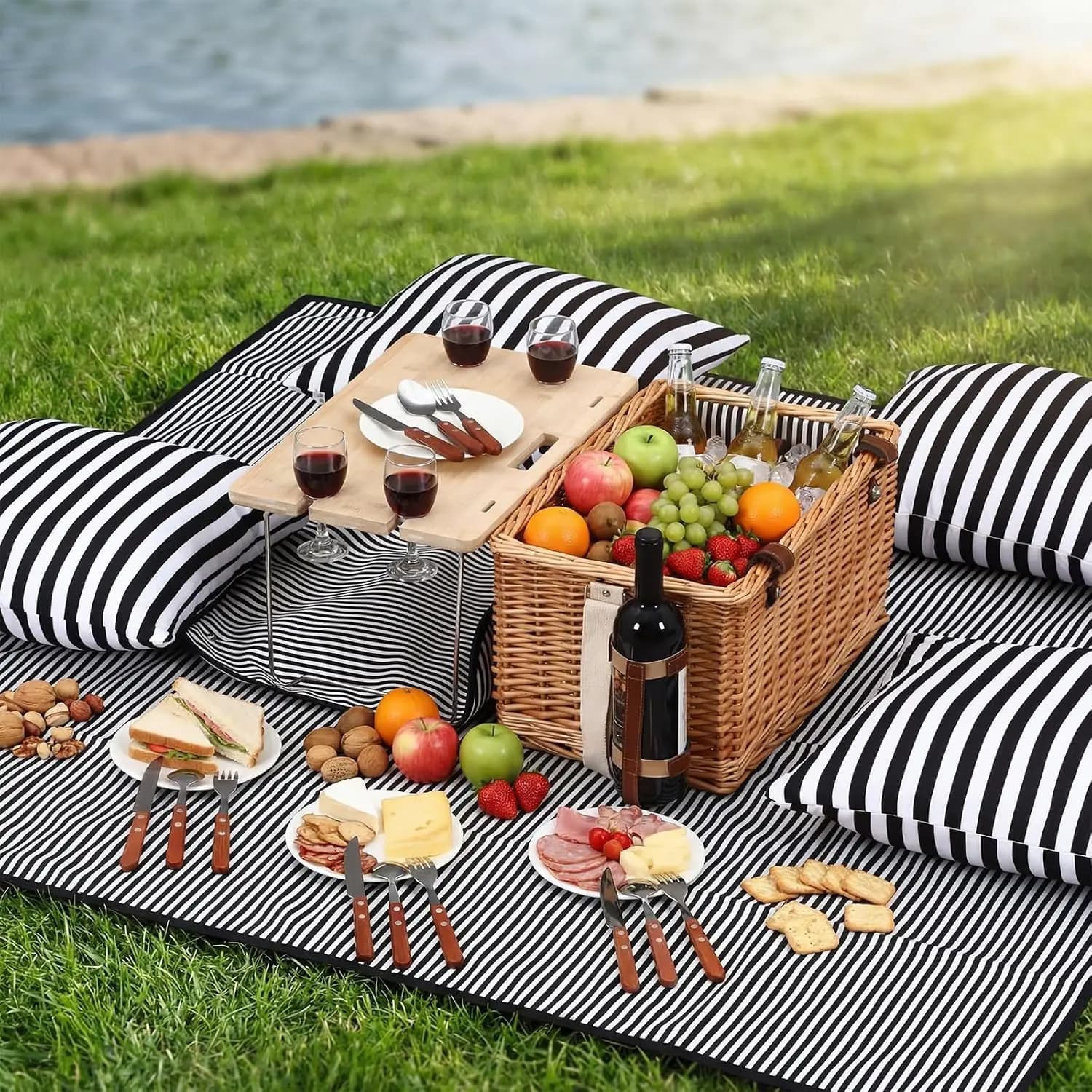 Wicker Picnic Basket Set for 4 with Waterproof Blanket 4 Throw Pillows Detachable Bamboo Wine Table Ceramic Plates Wine Glasses Cutlery Portable Basket