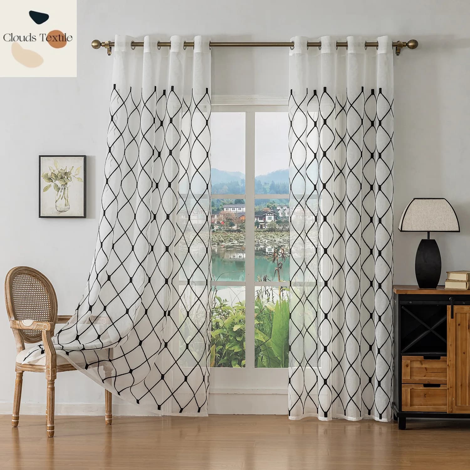 Black Embroidered Rhombus Geometric Custom Size Fashion Customized Curtains for Living Dining Room Bedroom Luxury Sheer