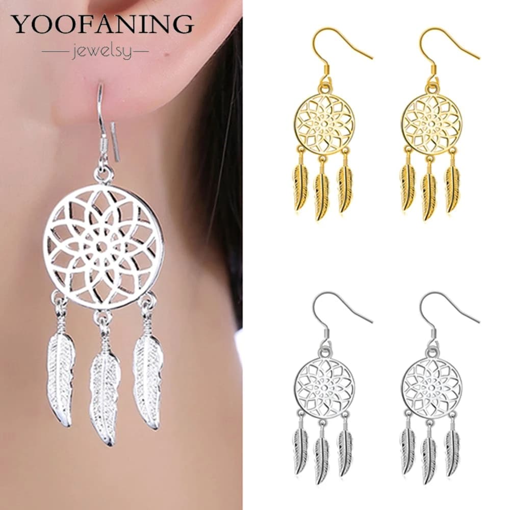 925 Sterling Silver Earrings Retro Gold Earrings Unique Dream Catcher Net Feather Design, Fashionable Women's Jewelry Gift Party