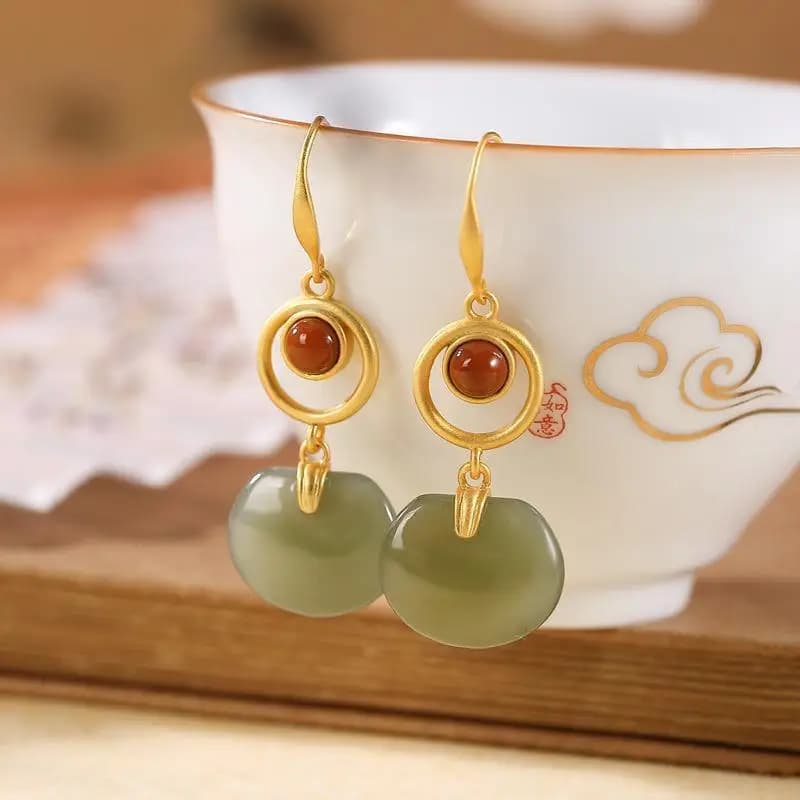 Natural Hotan Jade green Round Drop earrings for women South Red Tourmaline Classic Long Earings Exquisite Hanfu Jewelry