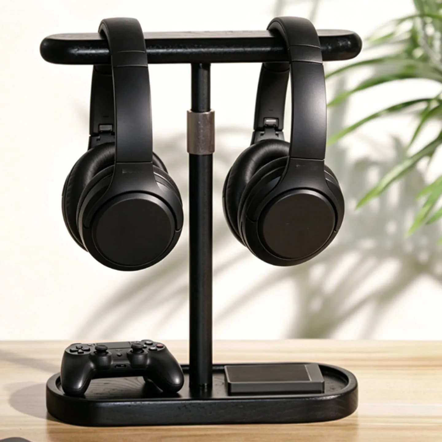 Supporto per cuffie in legno regolabile in altezza, porta cuffie da gaming, espositore da scrivania, in legno massello e metallo, appendi cuffie doppio