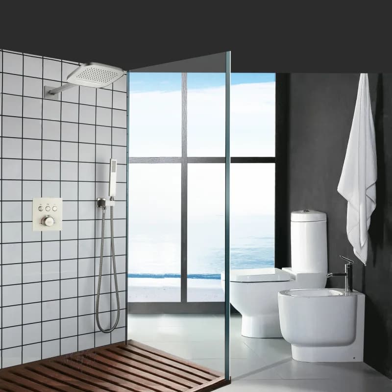 Doccia da bagno Soffione doccia a scomparsa Pulsante termostatico Set soffione doccia a cascata con pioggia volante a tre funzioni