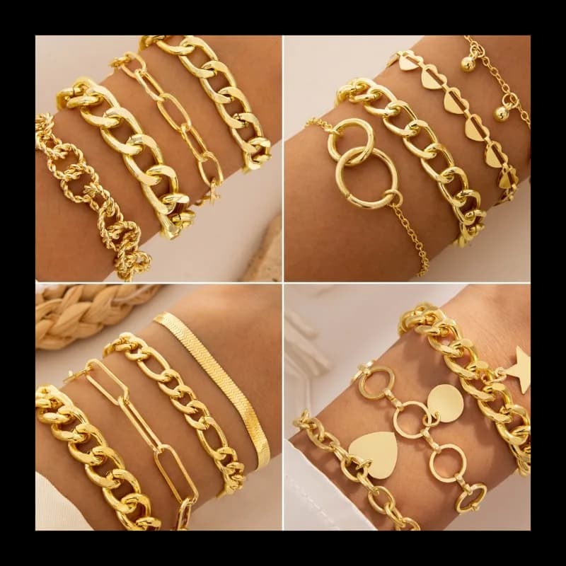 Nuovo braccialetto a catena spessa esagerato a doppio anello Set di quattro pezzi di bracciale impilato con vento freddo in oro da donna