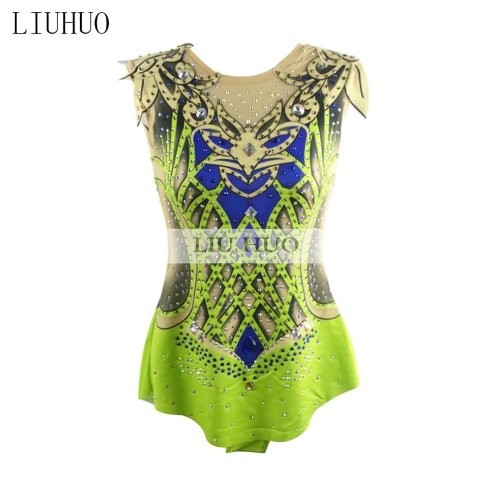 LIUHUO Pattinaggio di Figura Vestito da Donna Ragazza Prestazioni sul Ghiaccio Ginnastica Ritmica Concorso Body Danza Unitard Allenamento Verde