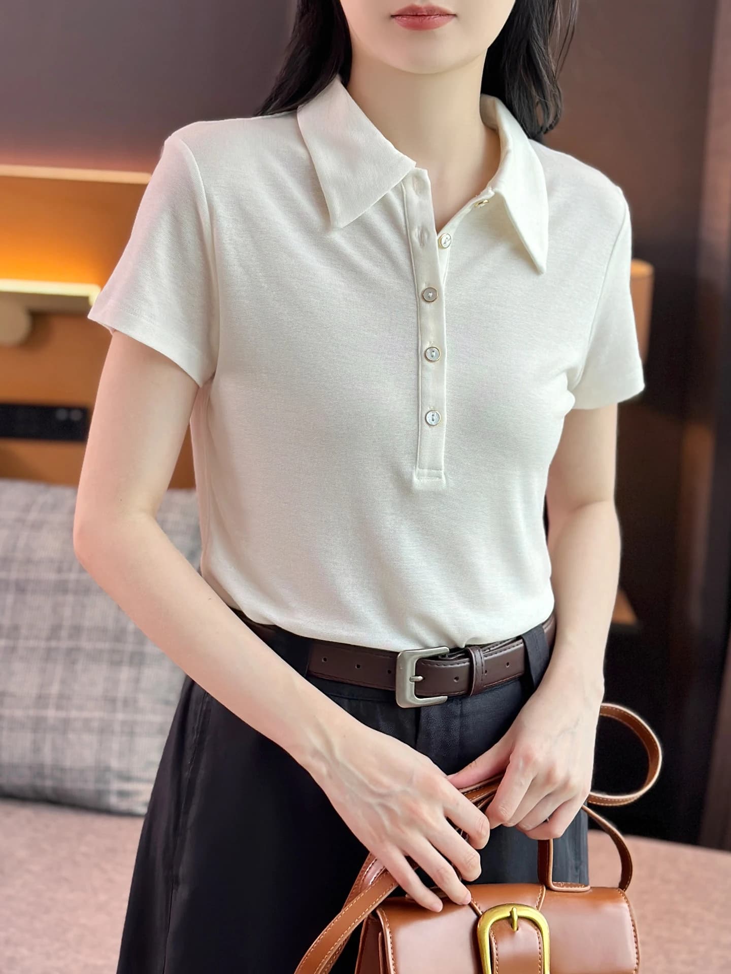 T-shirt Estiva Ultra Morbida e Confortevole in Lana Lyocell Sottile con Colletto Elastico, Manica Corta Slim, Stile Casual da Donna, Universale