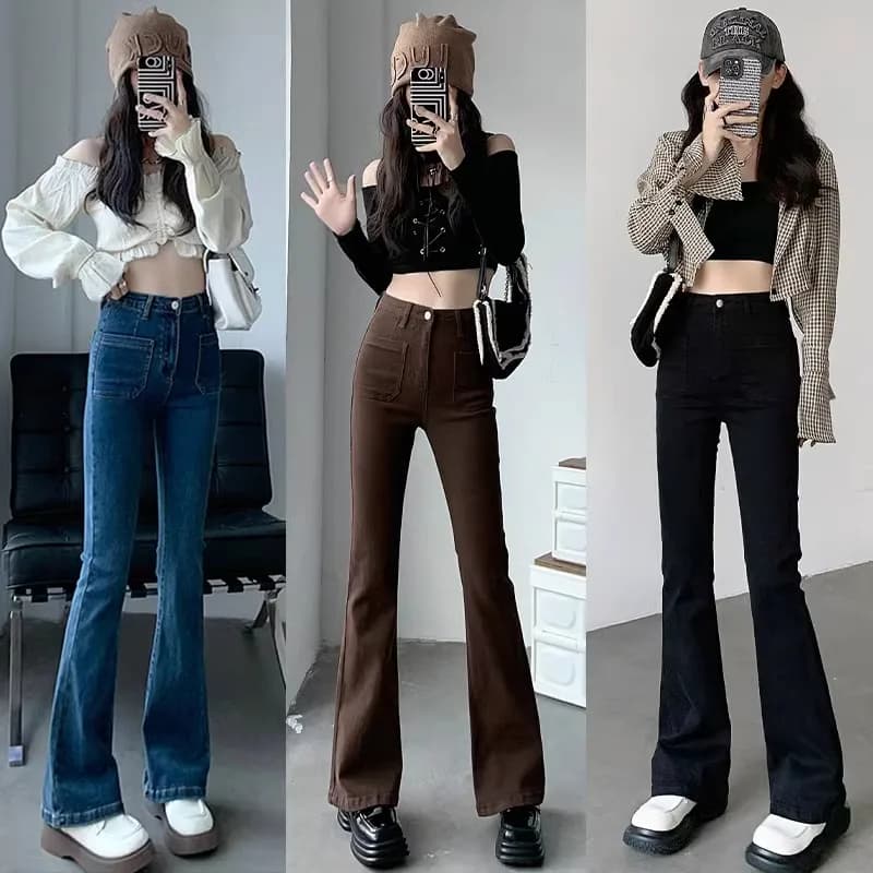 Jeans a Vita Alta Micro Flare da Donna, Nuovo Stile Primaverile, Taglia Piccola, Lunghezza al Piede, Slim Fit, Elasticizzati, in Denim di Cotone
