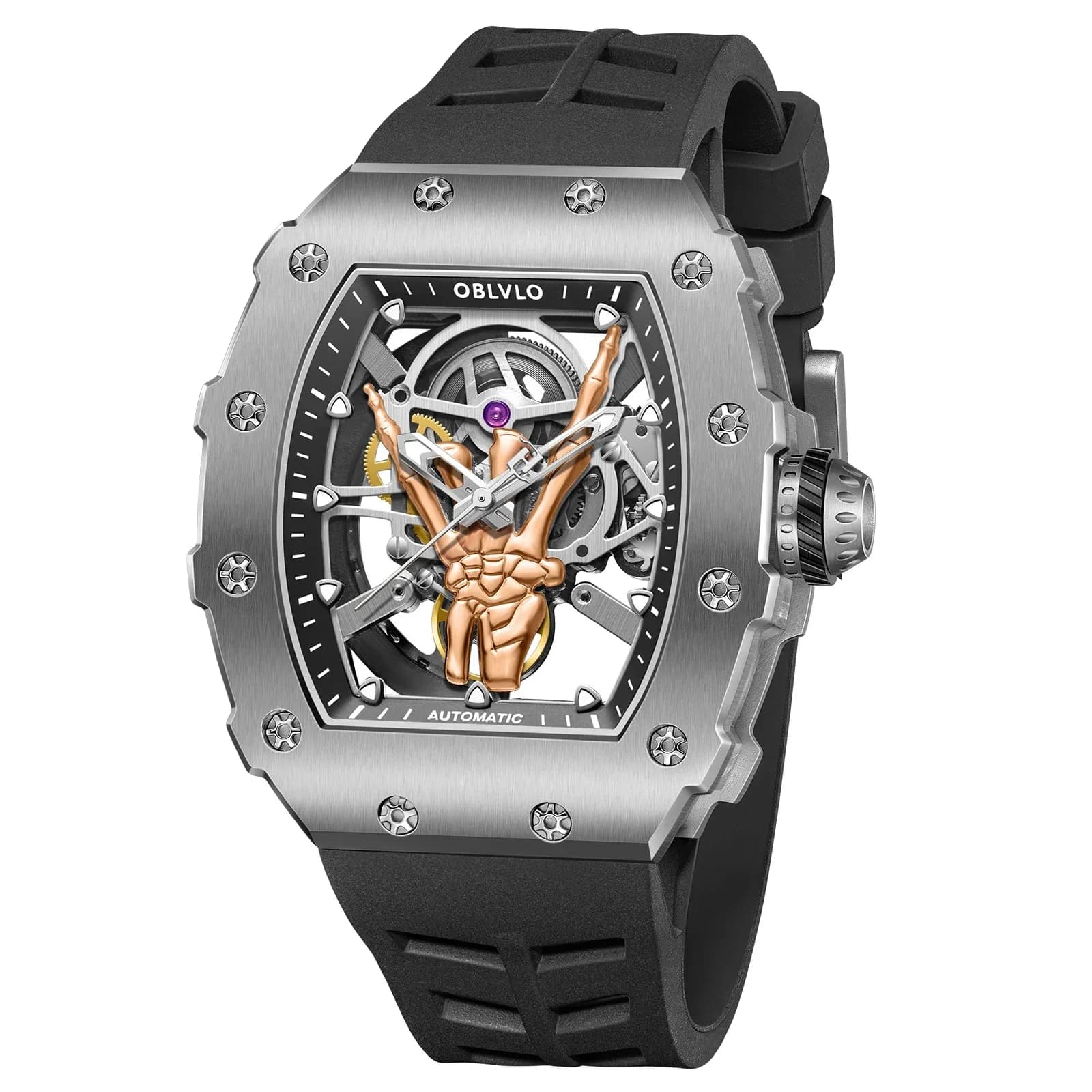 OBLVLO Orologio automatico da uomo 42mm Tonneau Orologio da polso meccanico Scheletro Dito Quadrante Zaffiro 50M Impermeabile Luminoso